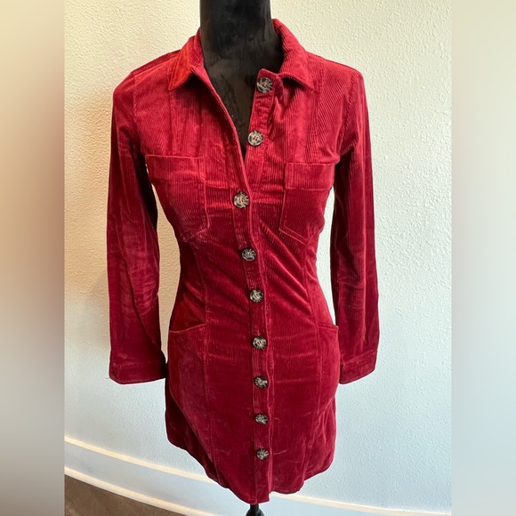 Zara TRF Burgundy Corduroy Button Up Dress - Picture 2 of 8